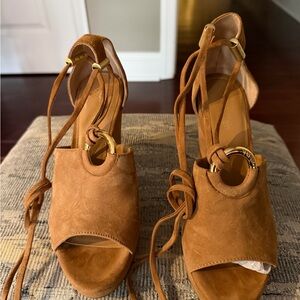 Calvin Klein Tan Suede Lace-Up Open-Toe Heels with Gold Rings